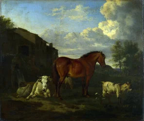 Un cheval bai, une vache, une chèvre et trois moutons près d